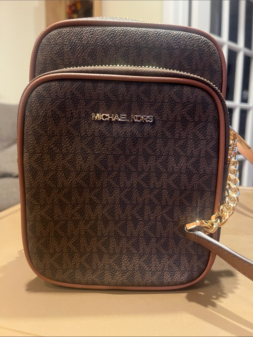 Michael Kors Brown Logo-Print Belt Bag with Gold Hardware